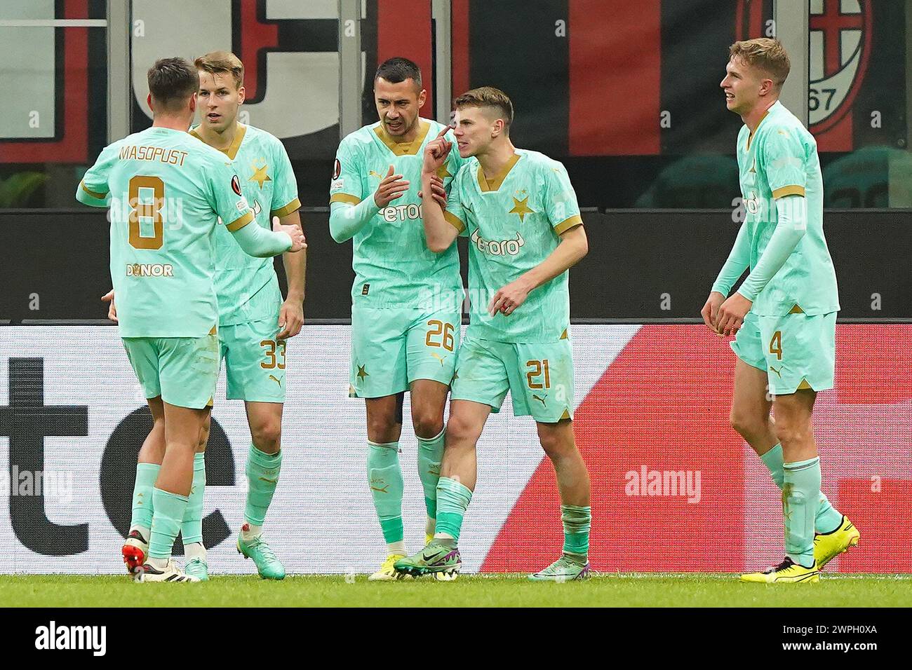 Milan, Italie. 07 mars 2024. david Doudera ( Slavia Praga ) célèbre après avoir marqué pour le 3-2 lors du match de football de l'UEFA Europa League entre l'AC Milan et la Slavia Praga au stade San Siro de Milan, dans le nord de l'Italie - jeudi 07 mars 2024. Sport - Soccer . (Photo de Spada/LaPresse) crédit : LaPresse/Alamy Live News Banque D'Images