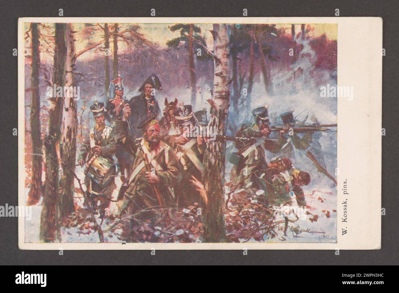 Une peinture de Wojciech Kossak vers 1910 représentant la bataille d'Olszynka Grochowska avec les forces polonaises et russes, produite par Wisła et Koziański à Kraków. Banque D'Images Une peinture de Wojciech Kossak vers 1910 représentant la bataille d'Olszynka Grochowska avec les forces polonaises et russes, produite par Wisła et Koziański à Kraków. Banque D'Images