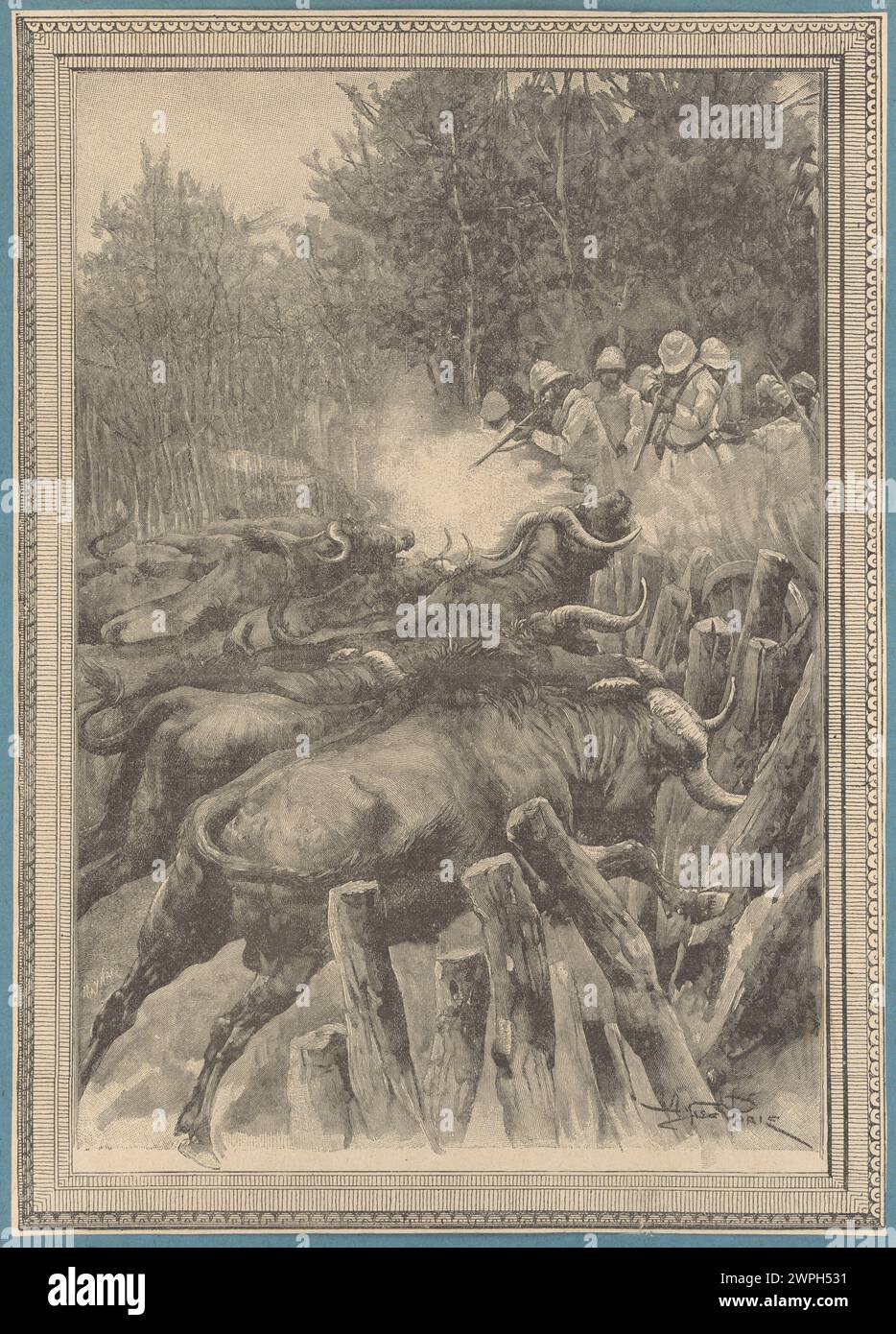 Représentation d'une chasse au bison de 1880 à 1900, montrant des chasseurs, des bisons et des éléments du paysage dans un cadre historique du XIXe siècle. Banque D'Images