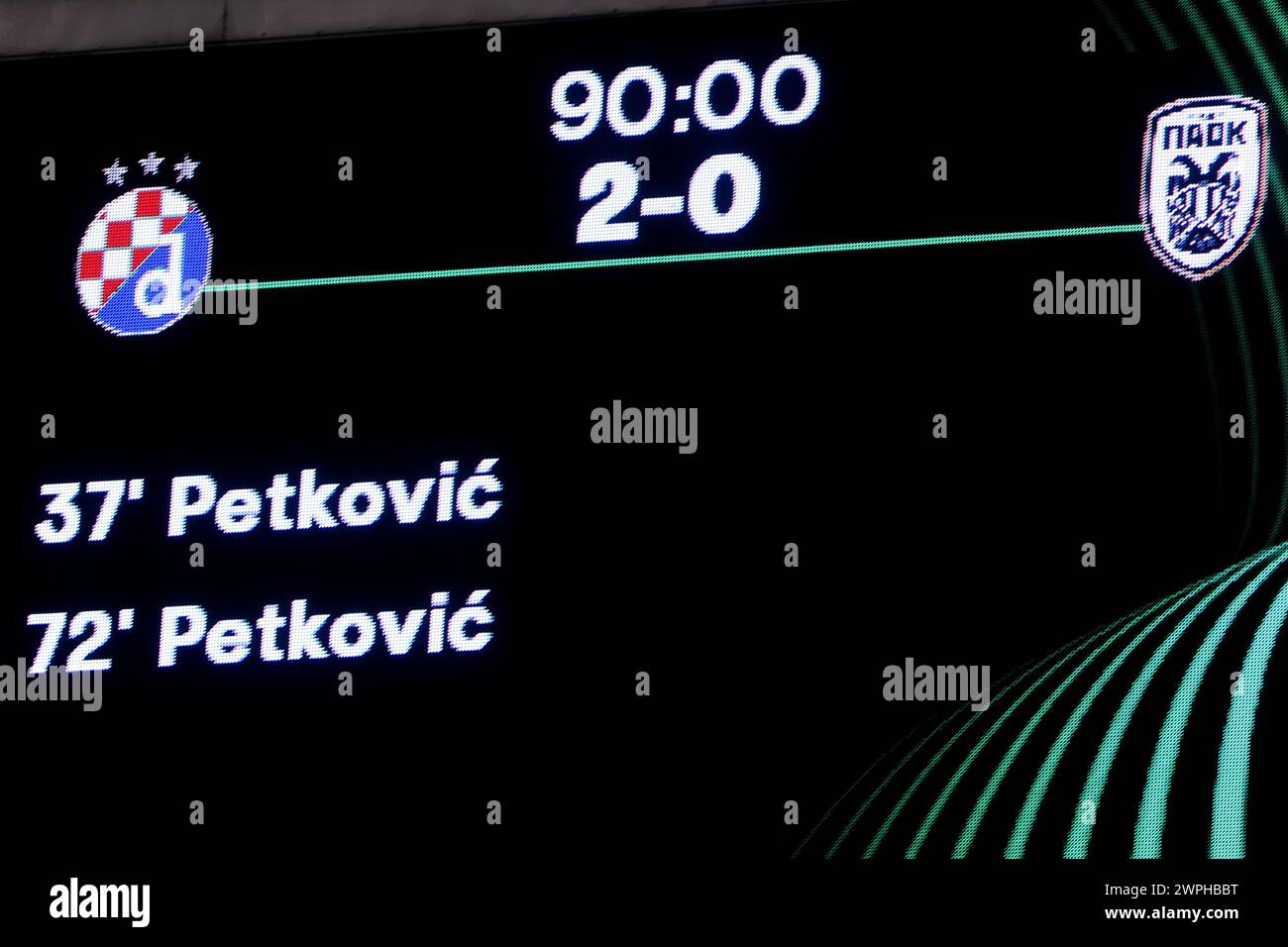 Zagreb, Croatie. 07 mars 2024. ZAGREB, CROATIE - 7 MARS : le tableau de bord avec le score final 2-0 après la manche 2023/24 de l'UEFA Europa Conference League entre le Dinamo Zagreb et le PAOK Saloniki au stade Maksimir le 7 mars 2024 à Zagreb, Croatie. Photo : Luka Stanzl/PIXSELL crédit : Pixsell/Alamy Live News Banque D'Images