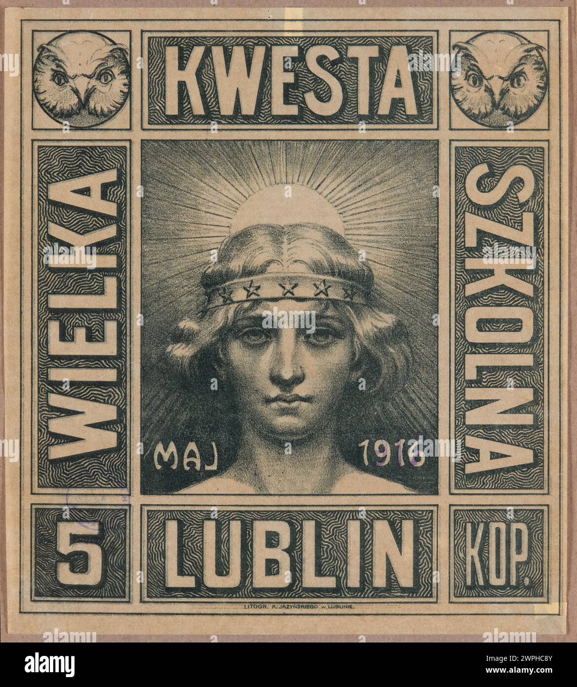 Coffret imprimé représentant un visage de femme, daté de mai 1916, produit à Lublin par W. Adys Aw Barwicki et A. Jazy ski, montrant le design et la typographie. Banque D'Images