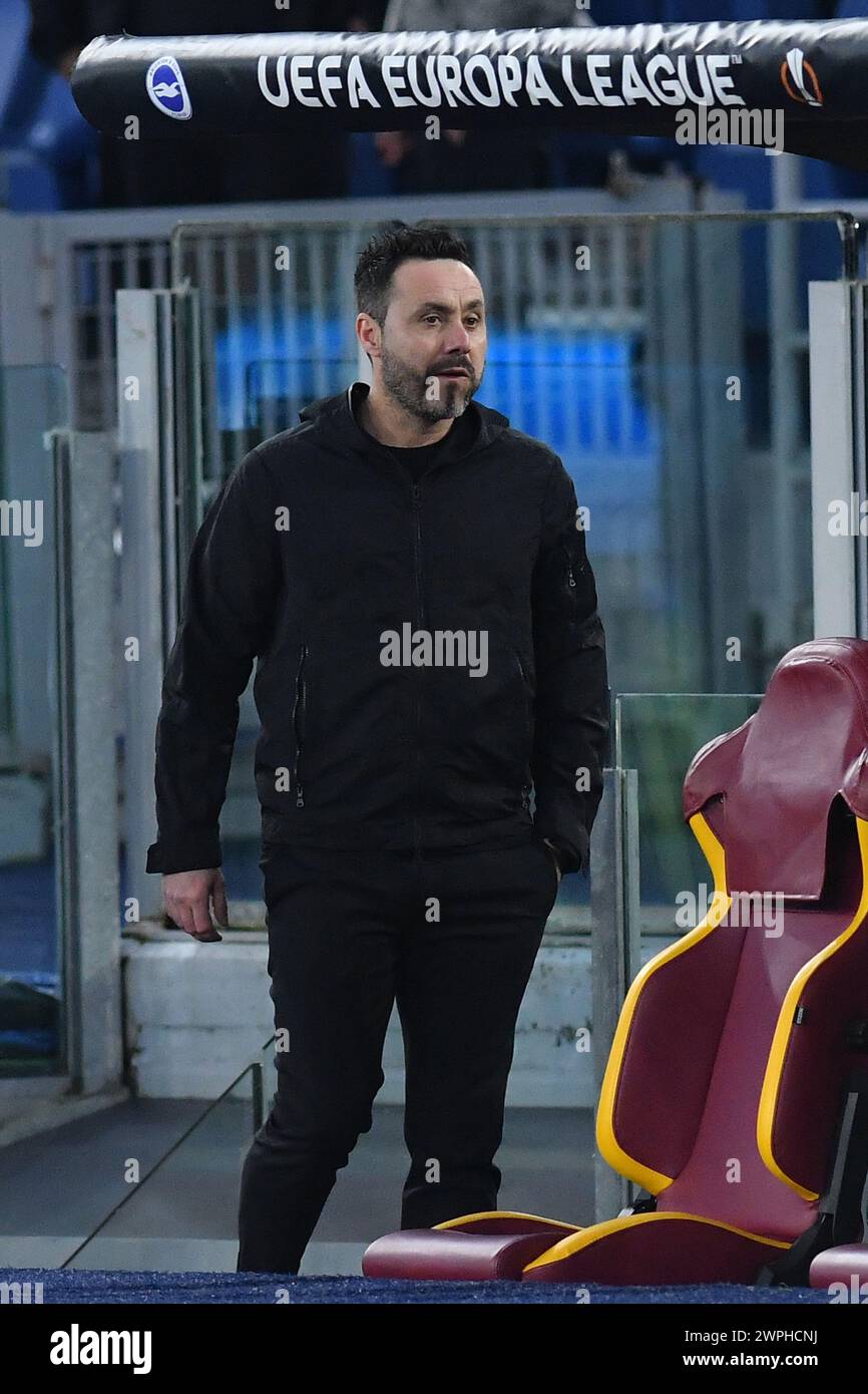 Roma, Latium. 07 mars 2024. L'entraîneur de Brighton & Hove Albion Roberto de Zerbi lors du match de l'UEFA Europa League AS Roma contre Brighton & Hove Albion au stade Olimpico à Rome, Italie, le 7 mars 2024. Crédit : massimo insabato/Alamy Live News Banque D'Images