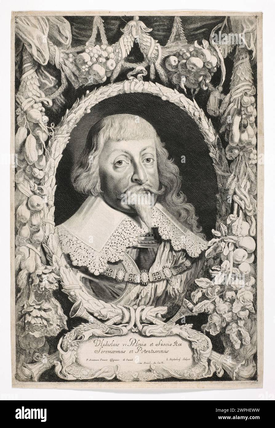 Portrait du vase IV ; Siderderhoef, Jonas (vers 1613-1686), Soutman, Pieter Claesz. (CA 1580-1657) ; 1644-1650 (1644-00-00-1650-00-00) ; ordre de la Runa d'Or, Smolikowski, Seweryn (1809-1897), Smolikowski, Seweryn (1850-1920) - collection, Władysław IV (Roi de Pologne - 1595-1648), Władysław IV (Roi de Pologne - 1595-1648) - iconographie, don ( Protency), Flamand (culture), Girland (ornement), Flamand Graphic, rois, décorations, Polonica, Pologne (culture), buste, portraits, portraits d'hommes, portraits de souverains Banque D'Images