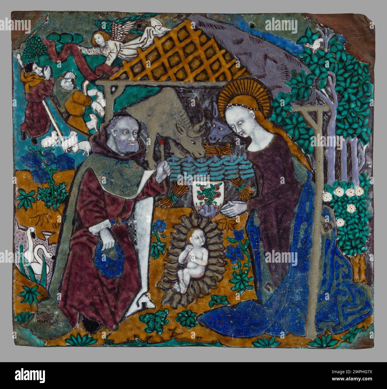Cette plaque représente la scène de la Nativité avec Saint Joseph, la Vierge Marie et l'écurie de Bethléem, de la collection d'Izabela Elżbieta Działyńska, illustrant des religieux de la fin du XVe siècle Banque D'Images
