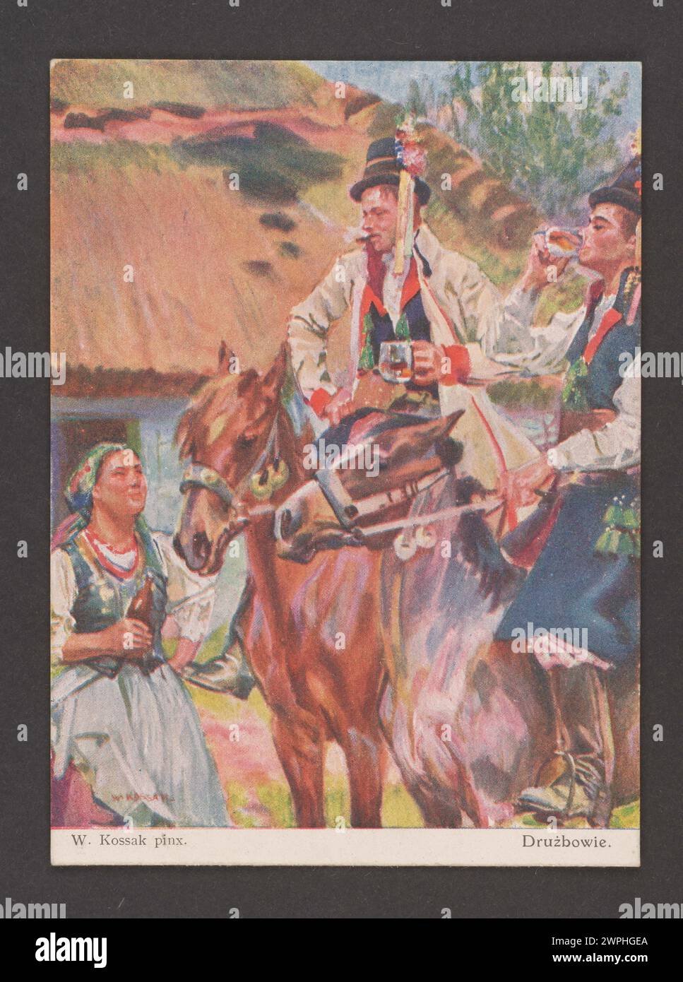 Œuvre de Wojciech Kossak représentant les membres d'une unité militaire, créée vers 1910 et publiée à Kraków. Banque D'Images