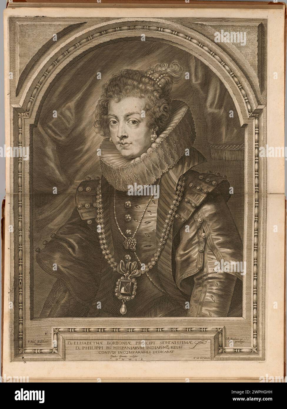 Portrait d'Elizabeth Bourbon par Paulus Pontius, Peter Paul Rubens et Gillis Hendricx, daté de 1645-1646, montrant un portrait aristocratique européen du XVIIe siècle. Banque D'Images