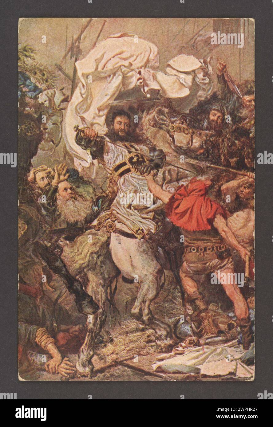 Fragment de la peinture de Jan Matejko « bataille de Grunwald », créée avant 1893 et reproduite en 1910, représentant des soldats, des bannières et des éléments de bataille médiévale dans l'histoire polonaise. Banque D'Images Fragment de la peinture de Jan Matejko « bataille de Grunwald », créée avant 1893 et reproduite en 1910, représentant des soldats, des bannières et des éléments de bataille médiévale dans l'histoire polonaise. Banque D'Images