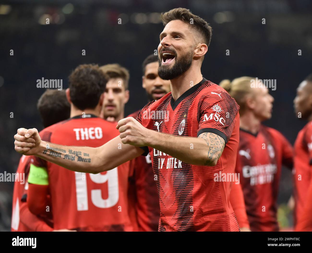 Milan, Italie. 7 mars 2024. Olivier Giroud de l'AC Milan (avant) célèbre son but lors du match de 1ère manche de l'UEFA Europa League Round of 16 entre l'AC Milan et la Slavia Praha à Milan, Italie, le 7 mars 2024. Crédit : Valeria Abis/Xinhua/Alamy Live News Banque D'Images