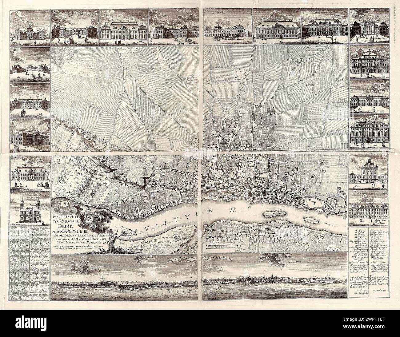 Plan de Varsovie avec vue sur dix-sept bâtiments et panoramas villes, voir de la rive droite de la Vistule ; Marstaller, Gottlieb Jacob (FL 1746-1786), Ricaud de Tireregale, Pierre (Flow 1754-1774), Bieli ski, Franciszek (CA 1683-1766); 1762 (1762-00-00-1762-00-00);Bibliothèque de Załuski (Varsovie), Collegium Nobilium (Varsovie), Dominik (1862-1944), Dominik (1862-1944) - collection, Palais Branicki (Varsovie - ul. Miodowa), Palais Czapski (Varsovie), Palais de Krasińscy (Varsovie), Palais Saski (Varsovie), Varsovie (Voïvodie de Masovian), Witke-Jeżewski, église de nouveaux Krzyża (Varsovie), Panorama, Palais de Brühl ( Banque D'Images