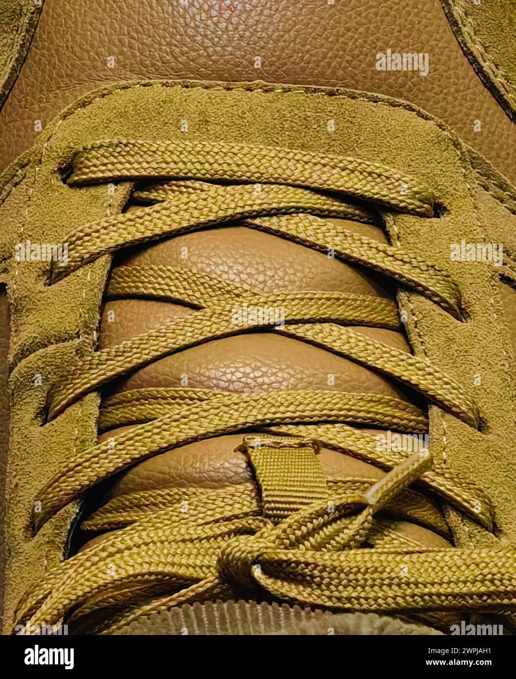 Gros plan élégance. Lacet de chaussure de sneaker en cuir daim jaune marron. Banque D'Images