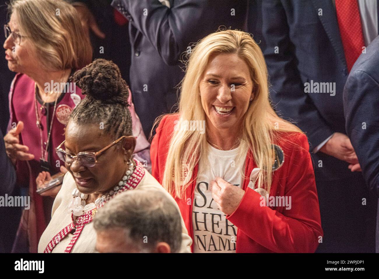 Washington DC, mars 7,2024, États-Unis : la Rep Marjorie Taylor Greene, R-GA porte un maillot de protestation pendant l'état de l'Union. Allocution du président Joe Biden Banque D'Images