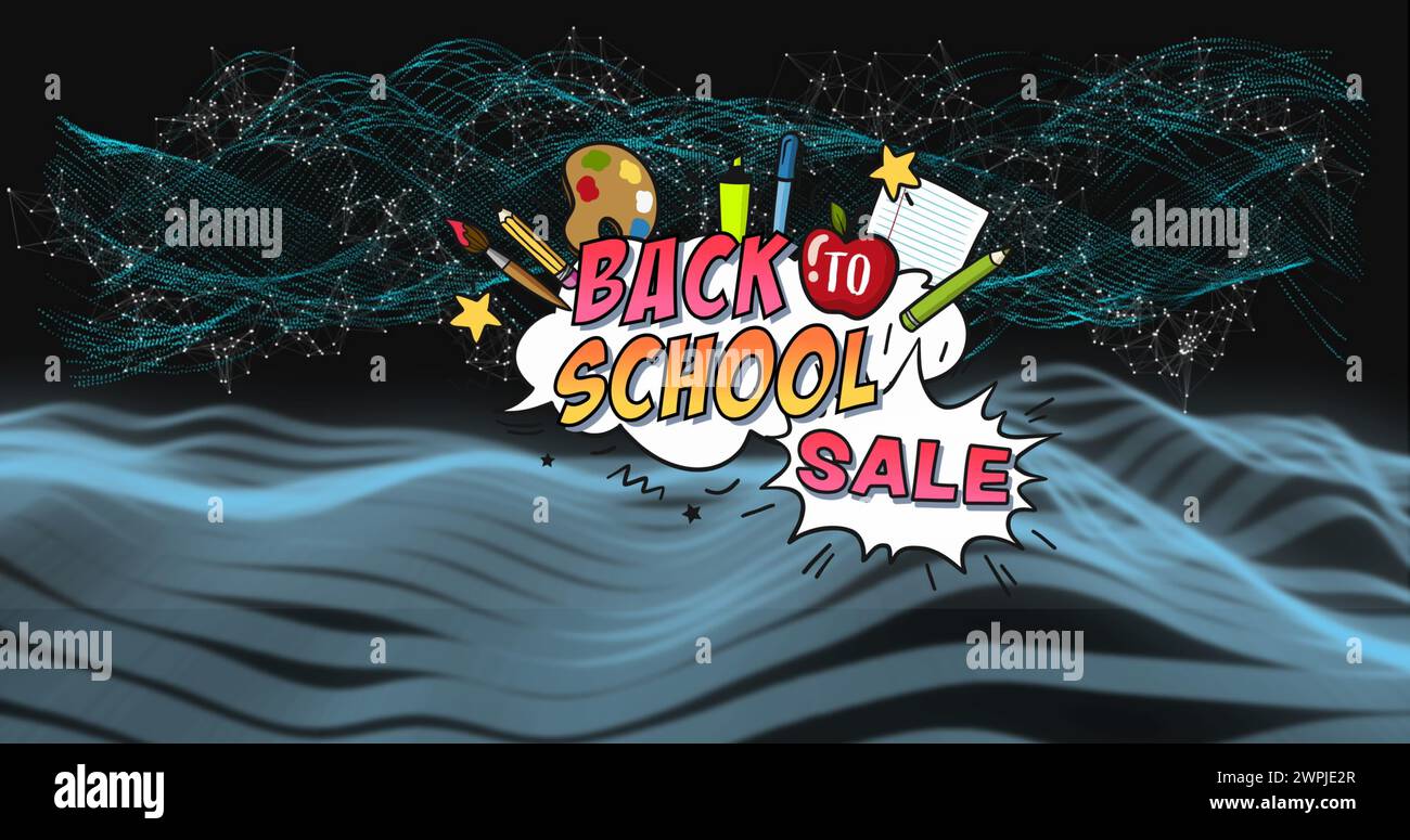 Image de la vente de retour à l'école sur des vagues et des connexions sur fond noir Banque D'Images