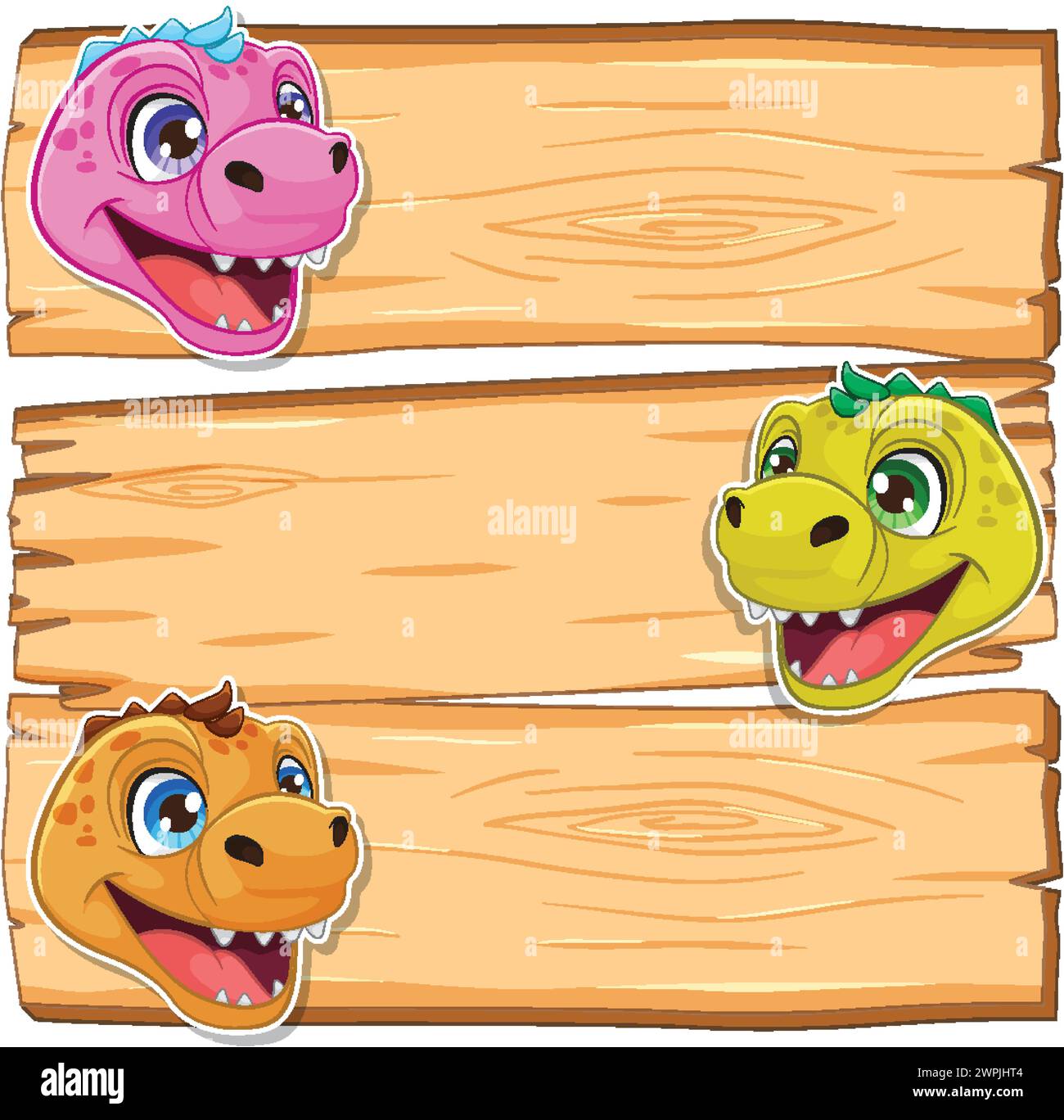 Trois dinosaures de dessin animé jetant un coup d'œil à partir d'un panneau en bois Illustration de Vecteur