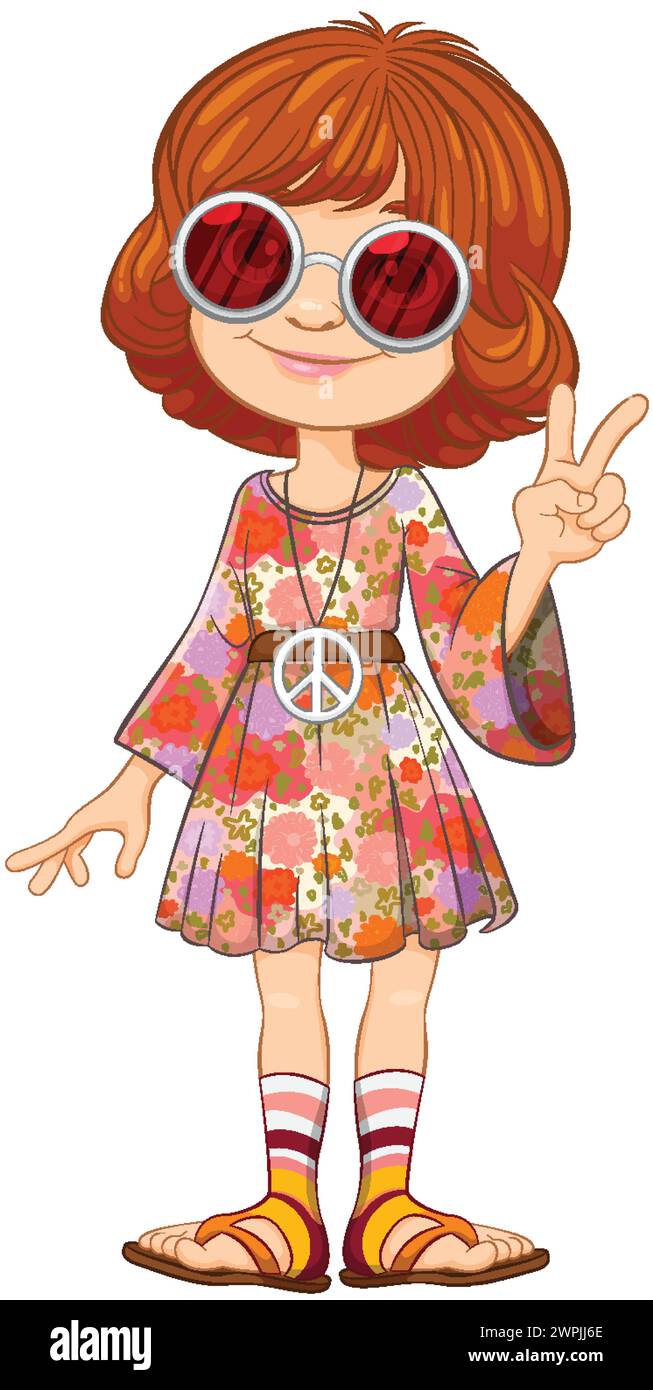 Fille hippie de dessin animé avec symbole de paix et lunettes de soleil. Illustration de Vecteur