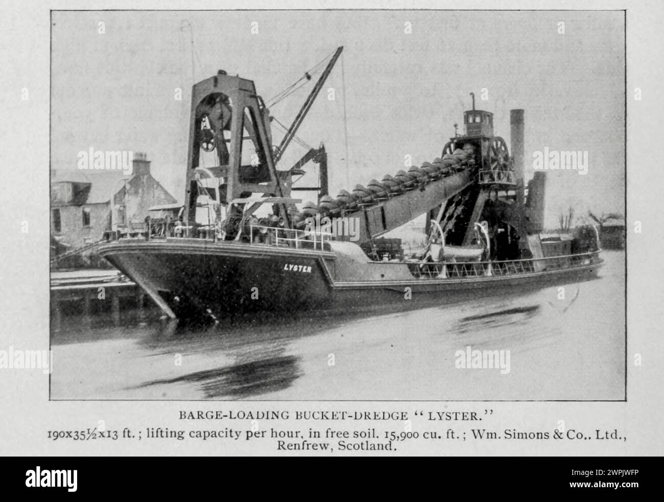 LYSTER DE DRAGUE À GODETS DE CHARGEMENT DE BARGE. 190 x 35,5 x 13 pieds ; capacité de levage par heure, en sol libre. 15 900 cu. pieds ; Wm. Simons & Co.. Ltd., Renfrew, Scotlatid. Tiré de l'article DRAGUES EN MER EUROPÉENNES ET DRAGAGE EN EAU PROFONDE. PARTIE II CONDITIONS JUSTIFIANT LE DRAGAGE ET AVANTAGES COMMERCIAUX QUI EN DÉCOULENT. Par E. L. Corthell de The Engineering Magazine consacré au progrès industriel volume XV 1898 The Engineering Magazine Co Banque D'Images