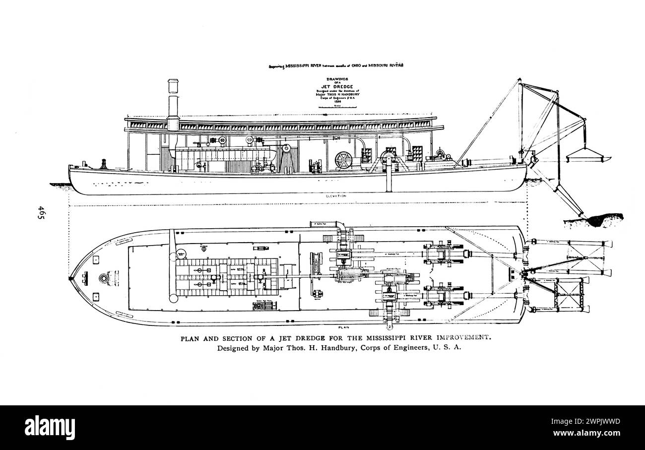 Plan et section d'une drague à jet d'eau pour l'amélioration de la rivière Mississippi tiré de l'article L'AMÉLIORATION DE LA RIVIÈRE MISSISSIPPI PAR DRAGAGE. Par H., L. Coppee. Tiré de l'Engineering Magazine consacré au progrès industriel volume XV 1898 The Engineering Magazine Co Banque D'Images