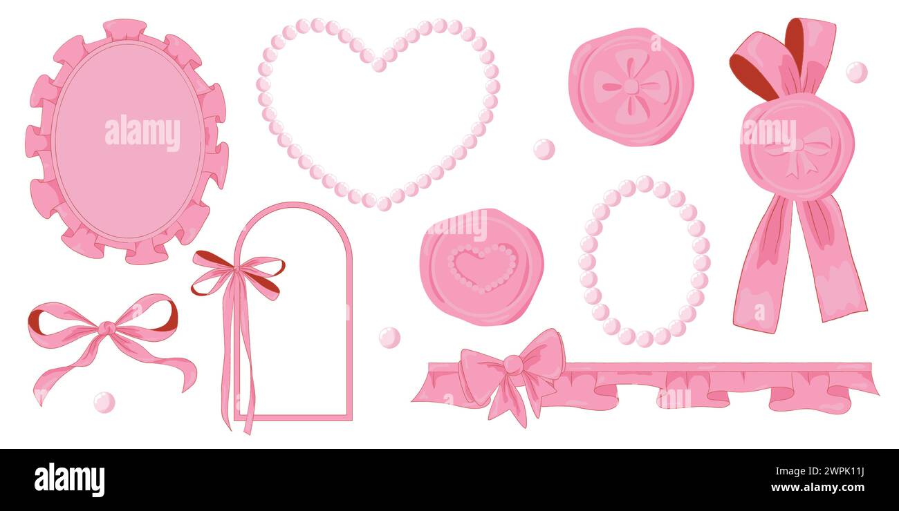 Illustration vectorielle de l'arc vintage girly rose et perles de ruban de cadre et ensemble de timbres de sceau de cire. Rubans isolés. Accessoires tendance coquette filles. Illustration de Vecteur
