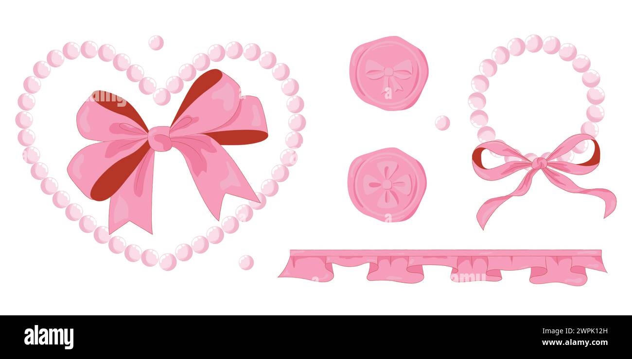 Illustration vectorielle de l'arc vintage girly rose et perles de ruban de cadre et ensemble de timbres de sceau de cire. Rubans isolés. Accessoires tendance coquette filles. Illustration de Vecteur