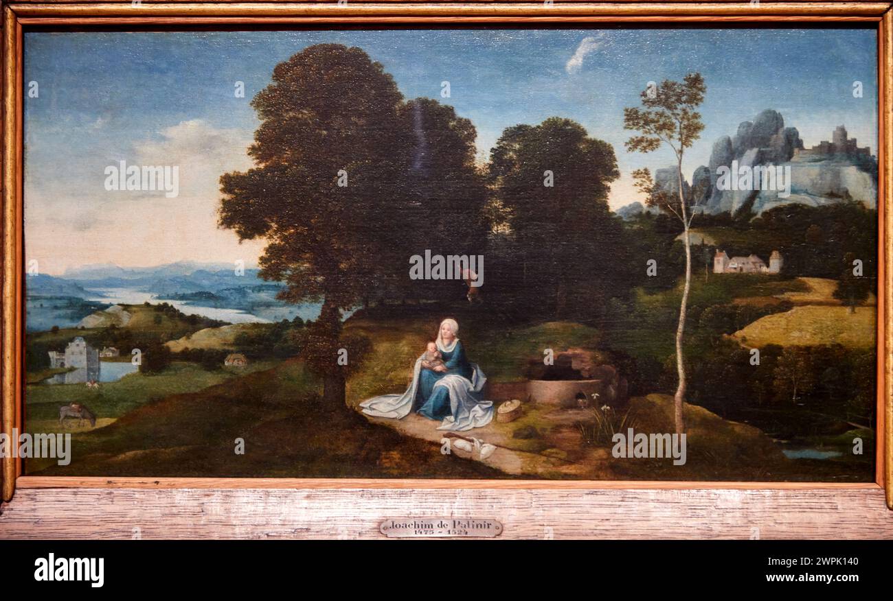 'Paysage avec le reste sur la fuite en Egypte', 1518-1524, Joachim Patinir, Musée Thyssen Bornemisza, Madrid, Espagne, Europe Banque D'Images