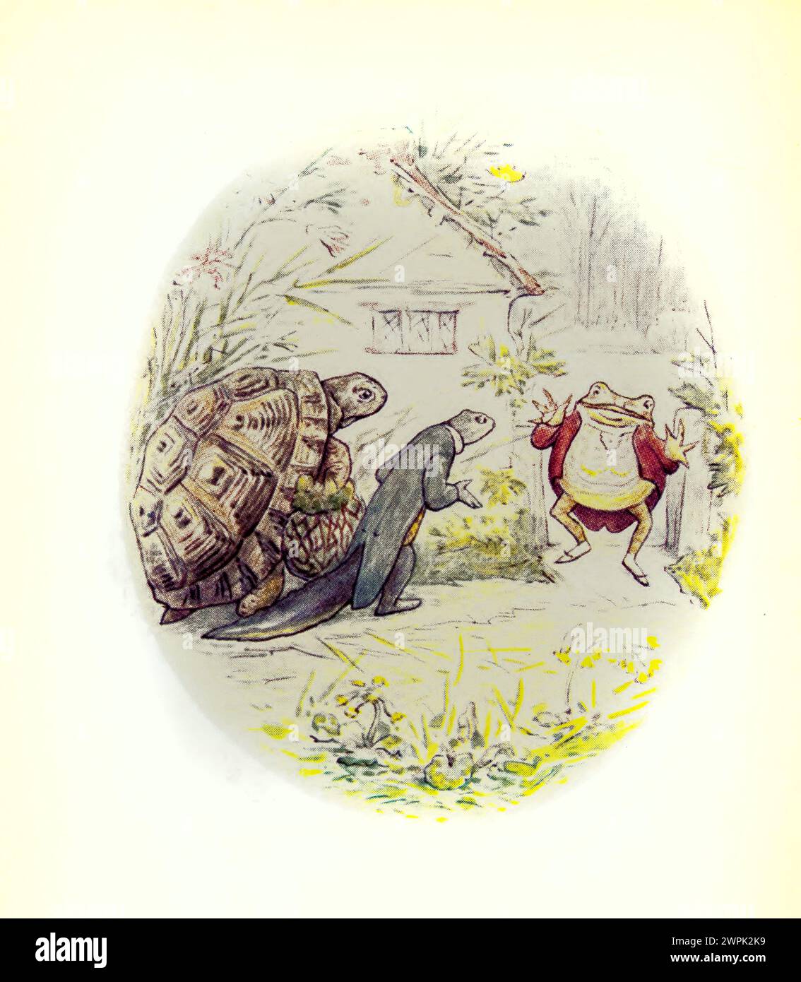 Le conte de Mr. Jeremy Fisher par Beatrix Potter, le conte de Mr. Jeremy Fisher est un livre pour enfants, écrit et illustré par Beatrix Potter. Il a été publié par Frederick Warne & Co en juillet 1906. Jeremy Fisher est une grenouille qui vit dans une maison «glissante-bâclée» au bord d'un étang. Au cours d'un jour de pluie, il ramasse des vers pour la pêche et part à travers l'étang sur son bateau de nénuphar. Il prévoit d'inviter ses amis à dîner s'il attrape plus de cinq esprits. Il rencontre toutes sortes de revers à son but, et échappe à une grosse truite qui tente de l'avaler. Il nage pour le rivage, décide lui Banque D'Images