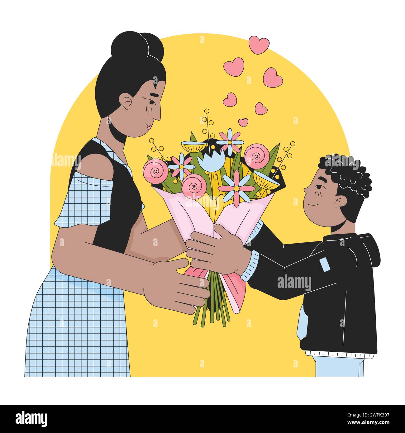 Fleurs de bouquet sur illustration plate de dessin animé de ligne de fête des mères Illustration de Vecteur