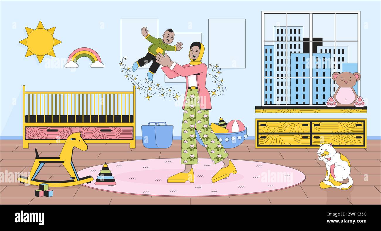 Maman jouant bébé dans l'illustration plate de dessin animé de nursery Illustration de Vecteur