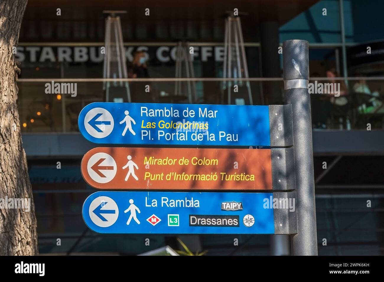 BARCELONE, ESPAGNE - 1er MARS 2022 : panneaux de rue marquant la direction des célèbres sites à visiter à Barcelone. Quartier historique. Banque D'Images