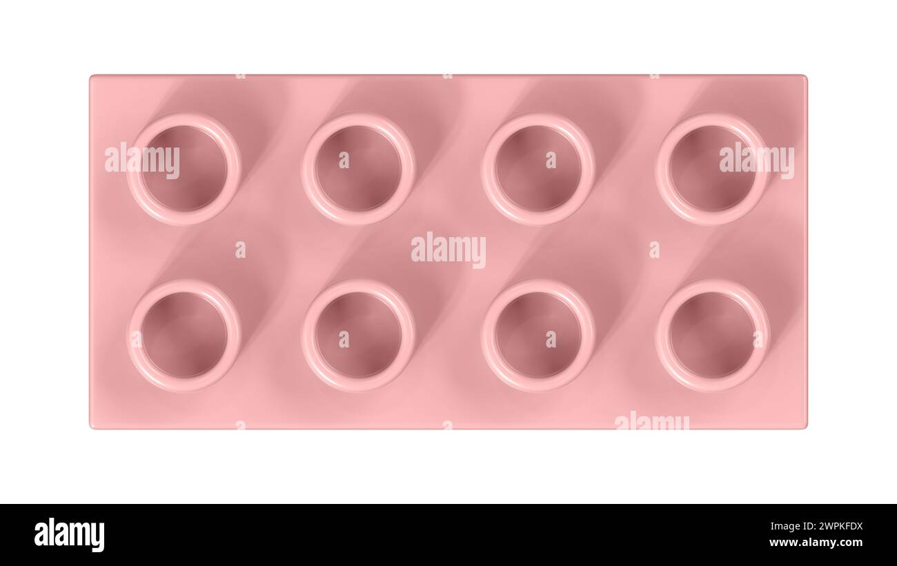 Bloc Lego rose en poudre isolé sur fond blanc. Vue rapprochée d'une brique de jeu d'enfants en plastique pour constructeurs, vue de dessus. Rendu 3D de haute qualité Banque D'Images
