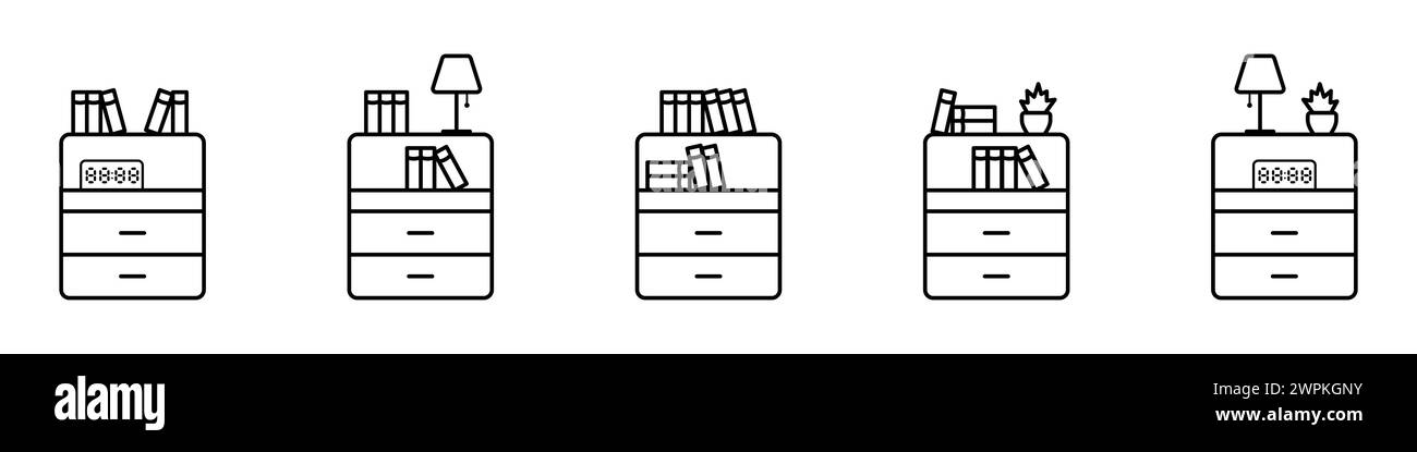 Vecteur intérieur de maison. Une table de chevet avec des livres, une horloge, une lampe. Un élément de l'intérieur de la pièce. Étagère. Table de chevet. Illustration de Vecteur