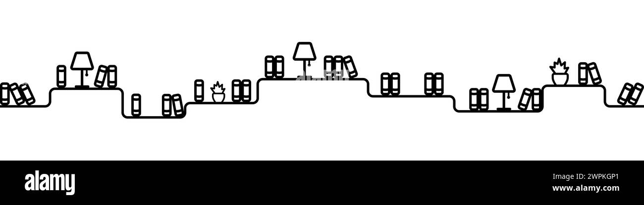 Bibliothèque, livres d'étude sur les étagères. Style linéaire simple de l'intérieur de la bibliothèque. étagères noires. Illustration de Vecteur