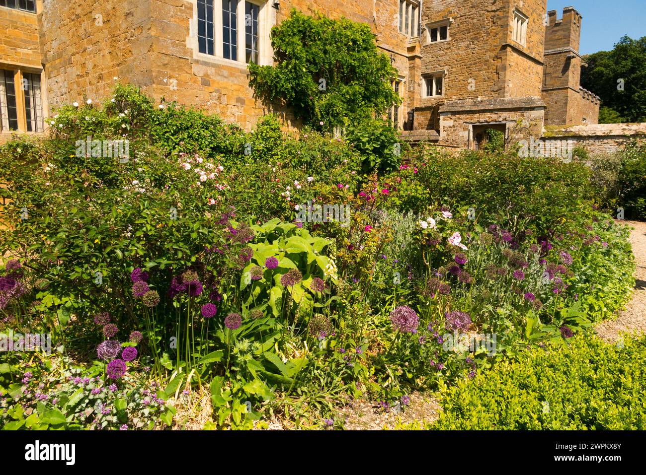 À l'intérieur du jardin formel des dames à l'arrière du château de Broughton ; manoir à douves NR Banbury, Oxfordshire le jour d'été avec un ciel bleu. ROYAUME-UNI. (134) Banque D'Images