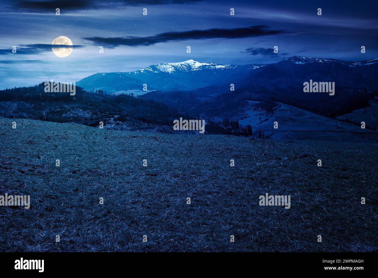 paysage de campagne des carpates la nuit au printemps. prairie sur la colline et la chaîne de montagnes avec des sommets enneigés en pleine lune Banque D'Images paysage de campagne des carpates la nuit au printemps. prairie sur la colline et la chaîne de montagnes avec des sommets enneigés en pleine lune Banque D'Images