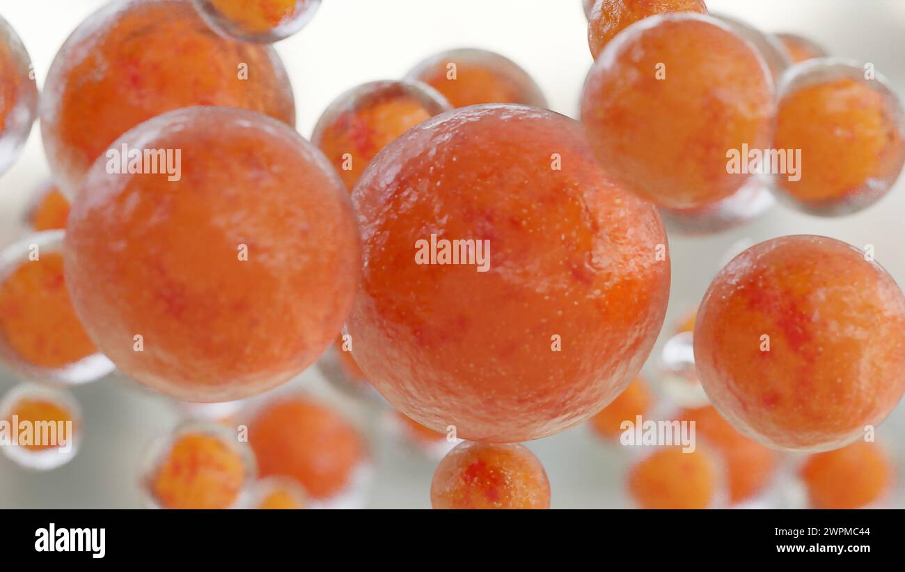 Perte de poids. Brûlure de graisse dans le tissu humain, tissu conjonctif adipeux, cellules graisseuses brûlant au microscope, lipocytes, rendu 3D réaliste Banque D'Images