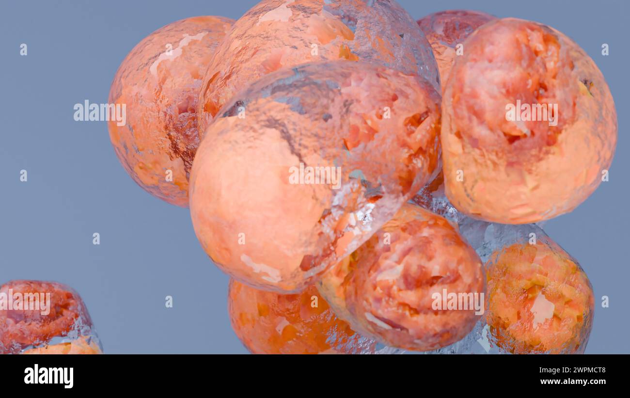 Perte de poids. Brûlure de graisse dans le tissu humain, tissu conjonctif adipeux, cellules graisseuses brûlant au microscope, lipocytes, rendu 3D réaliste Banque D'Images