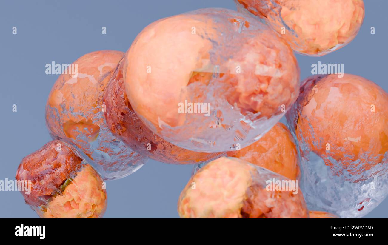 Perte de poids. Brûlure de graisse dans le tissu humain, tissu conjonctif adipeux, cellules graisseuses brûlant au microscope, lipocytes, rendu 3D réaliste Banque D'Images
