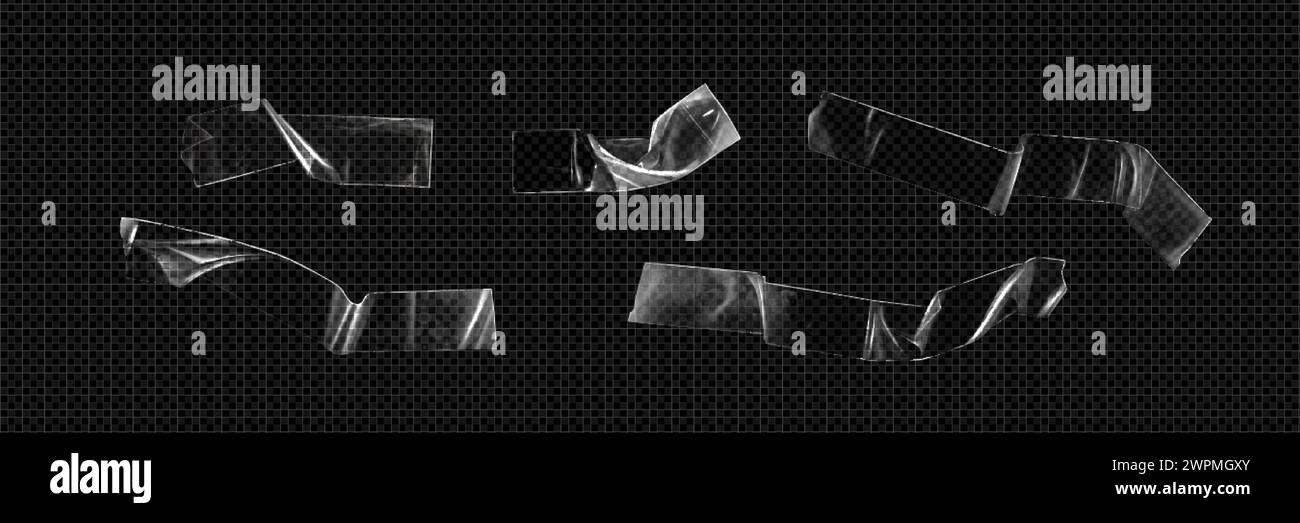 Morceaux de ruban adhésif transparent fixés isolés sur le fond. Illustration réaliste vectorielle de ruban adhésif en plastique froissé avec surface froissée et U. Illustration de Vecteur