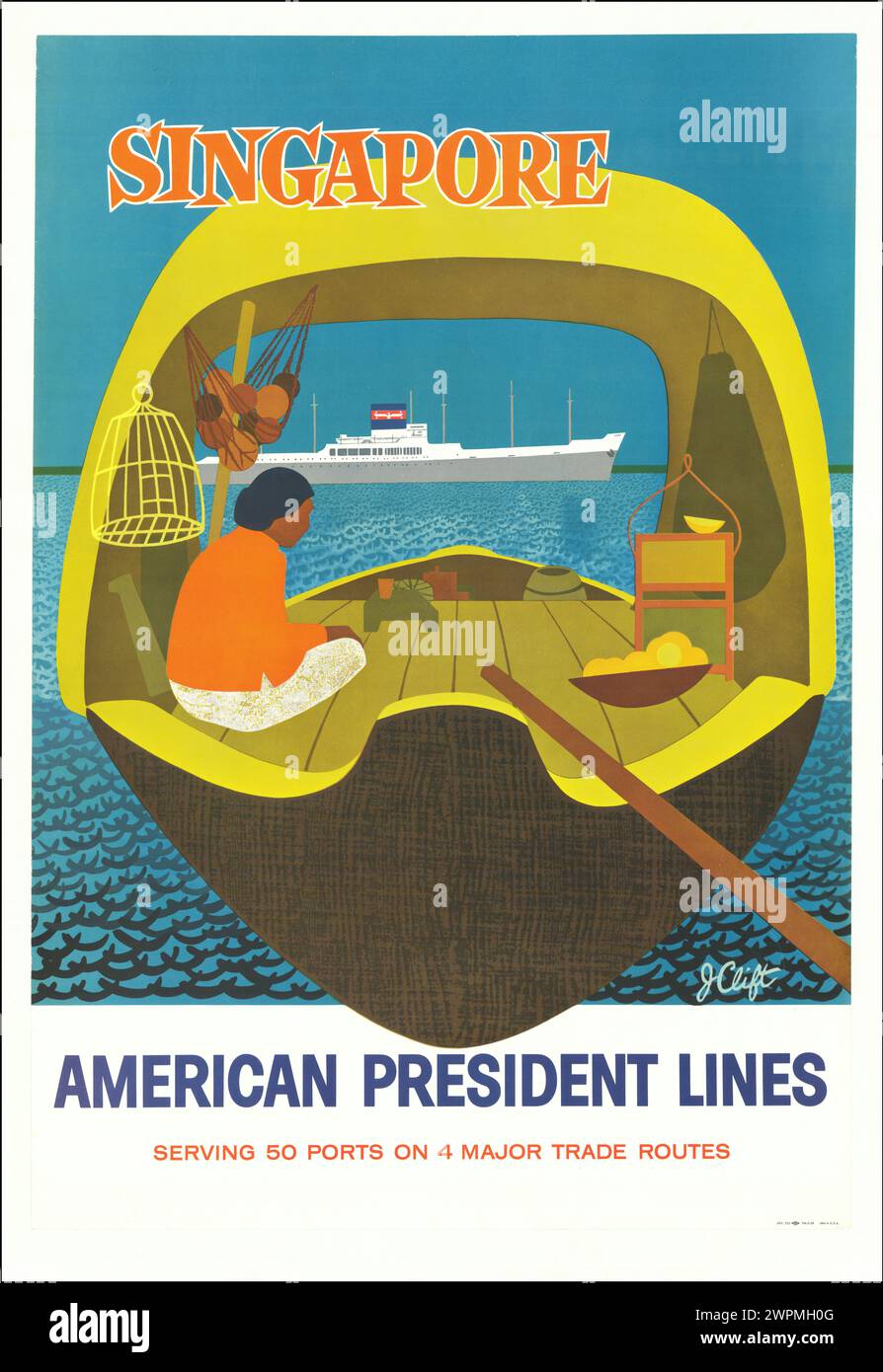 Affiche de voyage Aerican vintage. Affiche American President Lines représentant un bateau singapourien encadrant un paquebot de croisière APL. circa 1958 Banque D'Images