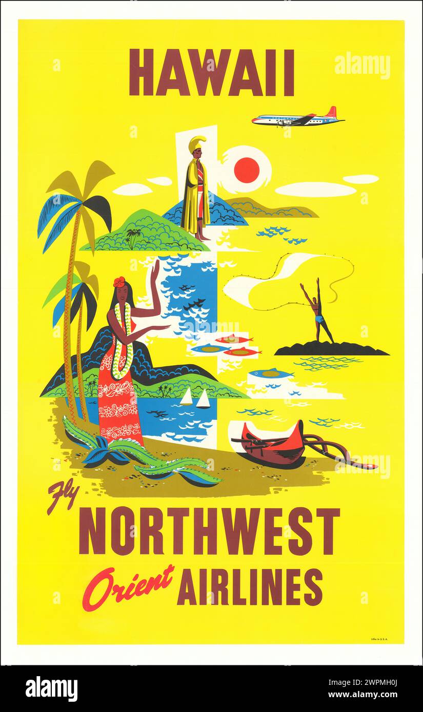 Affiche de voyage Aerican vintage. Hawaii sur Northwest Orient Airlines vers 1956 Banque D'Images