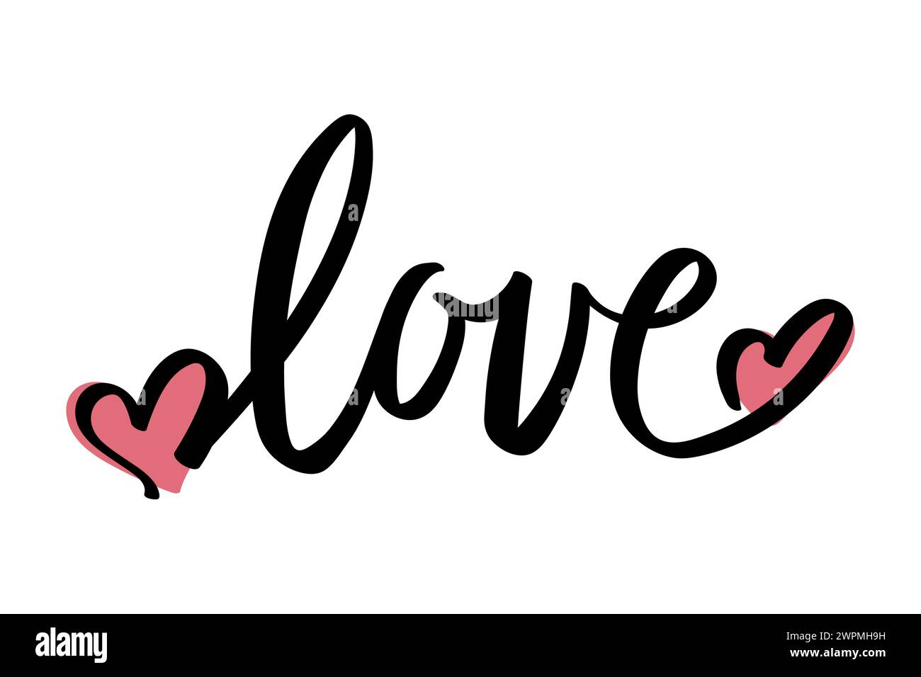 Amour. Calligraphie dessinée à la main. Lettrage au pinceau. Décoré de coeurs. Illustration vectorielle Illustration de Vecteur