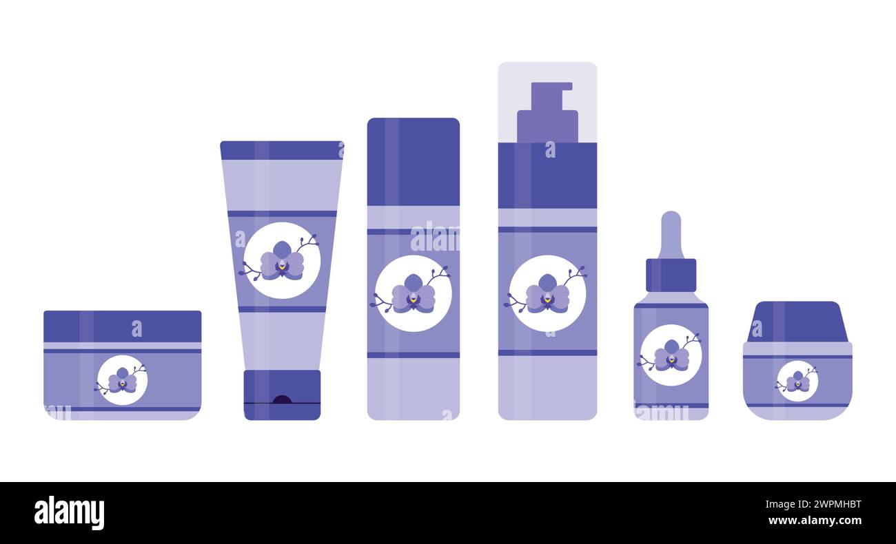 Ensemble de produits cosmétiques pour la routine quotidienne de beauté. Tubes et flacons pour les soins de la peau et la beauté avec un logo d'orchidée. Illustration vectorielle Illustration de Vecteur