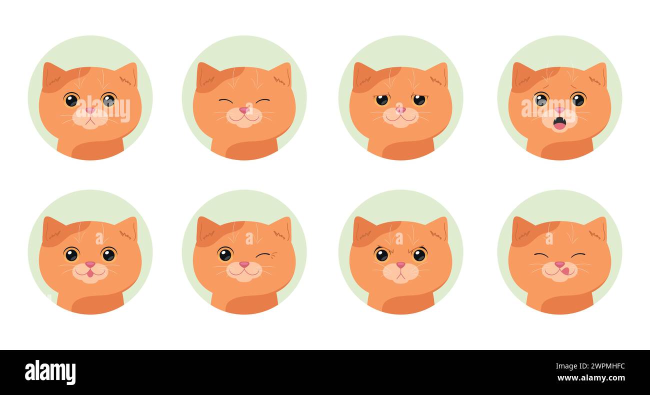 Ensemble de chats tabby de gingembre de bande dessinée avec différentes émotions. Chat émotionnel. Illustration vectorielle Illustration de Vecteur