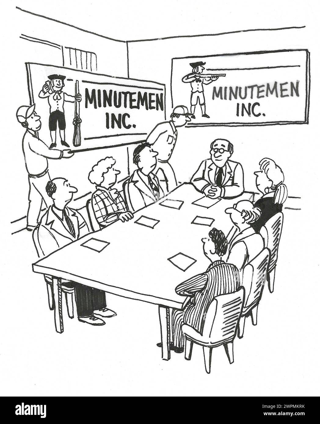 Caricature BW de travailleurs dans une réunion d'affaires comme les entrepreneurs apportent des panneaux avec un nouveau nom de société. Banque D'Images