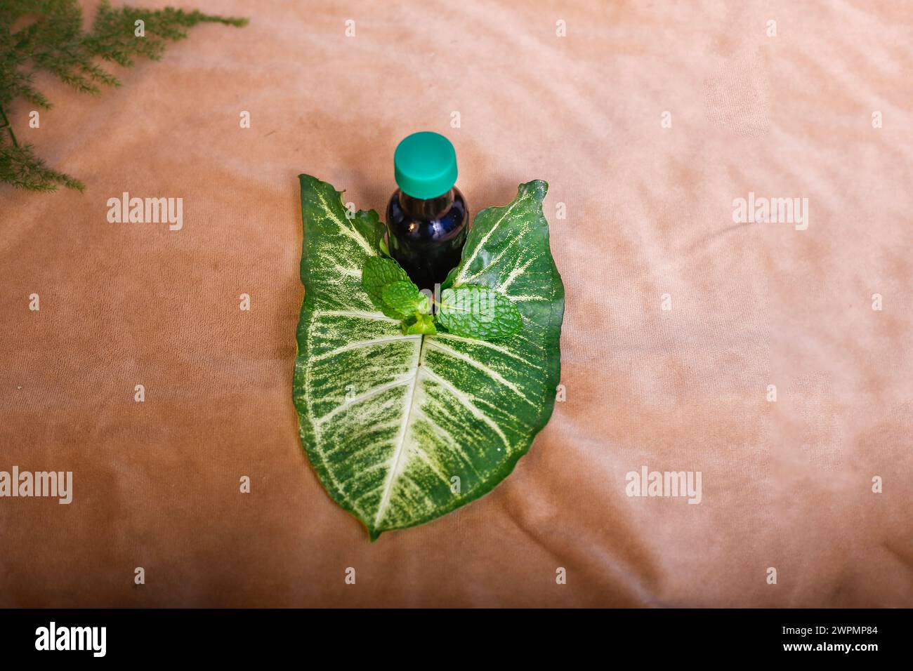 Vue de dessus de bouteille avec huile essentielle de menthe ou eau tonique sur fond brun avec feuille verte Banque D'Images