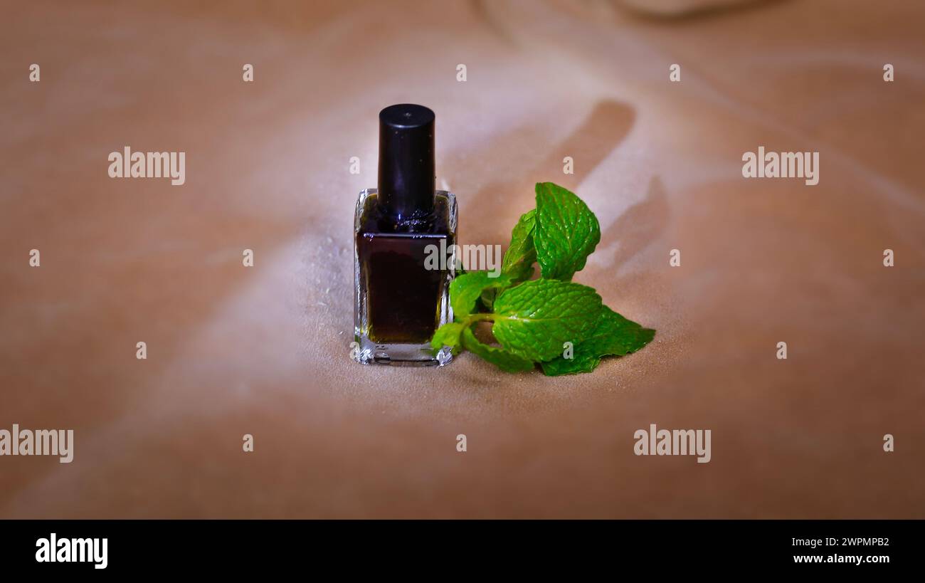 Vue de dessus de bouteille avec huile essentielle d'huile de menthe ou de l'eau tonique sur fond brun. Ombre de lumière du soleil Banque D'Images