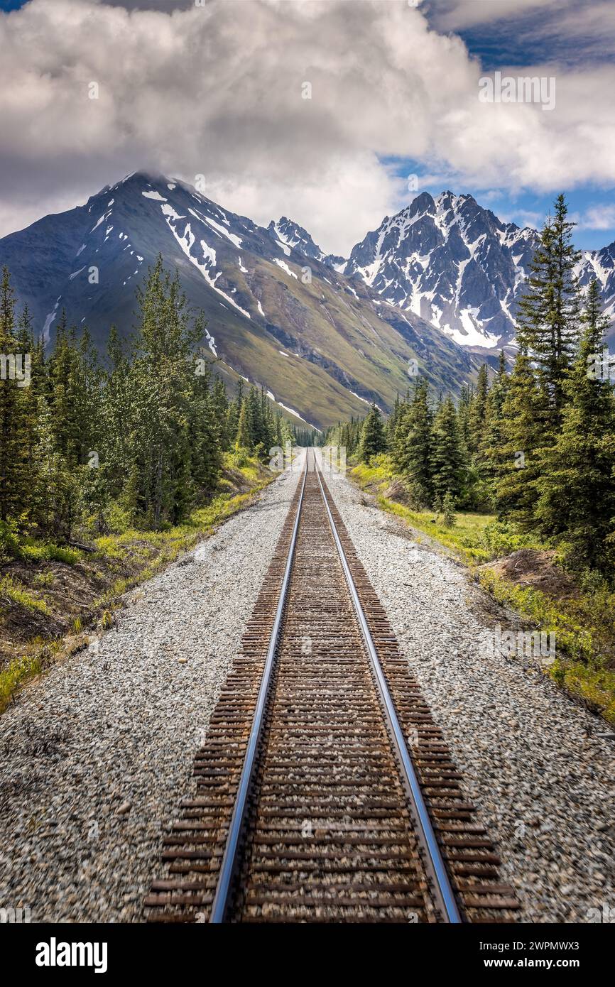 Chemin de fer vers le parc national Denali, Alaska avec des montagnes impressionnantes Banque D'Images