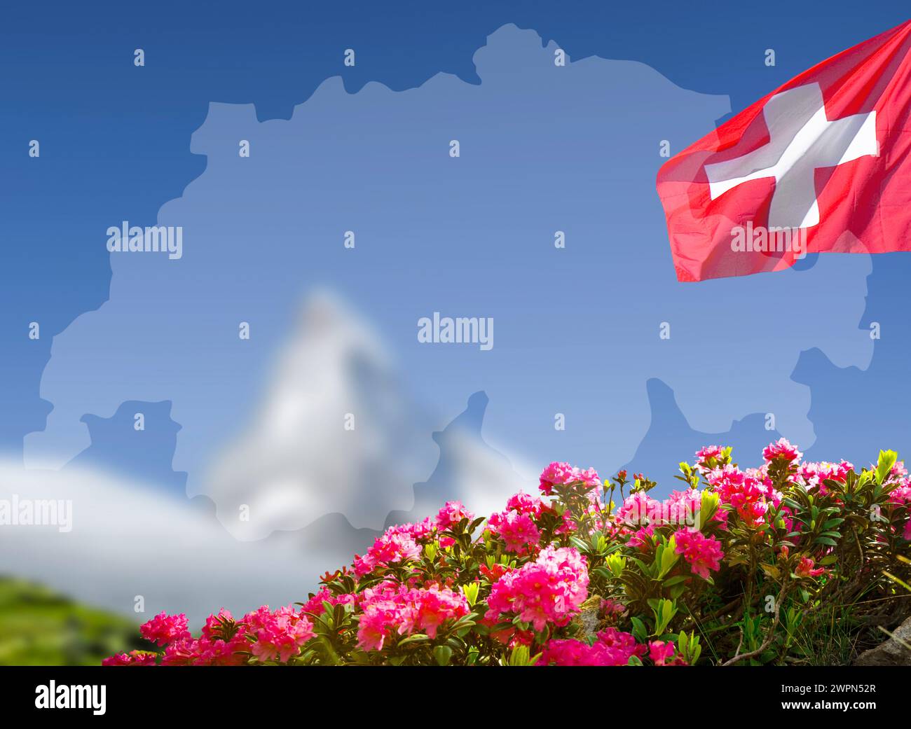 Carte suisse avec drapeau suisse et Matterhorn Banque D'Images