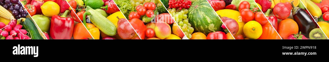Collection panoramique fruits et légumes frais fond. Collage. Photo large . Banque D'Images