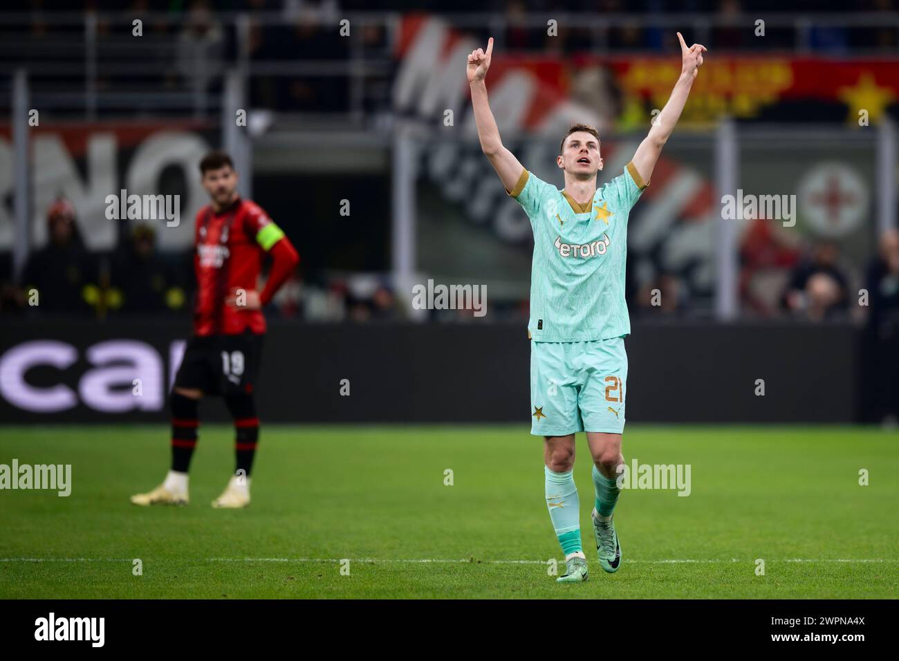 Milan, Italie. 7 mars 2024. David Doudera du SK Slavia Praha célèbre après avoir marqué un but lors de la manche de l'UEFA Europa League du 16e match de football entre l'AC Milan et le SK Slavia Praha. Crédit : Nicolò Campo/Alamy Live News Banque D'Images