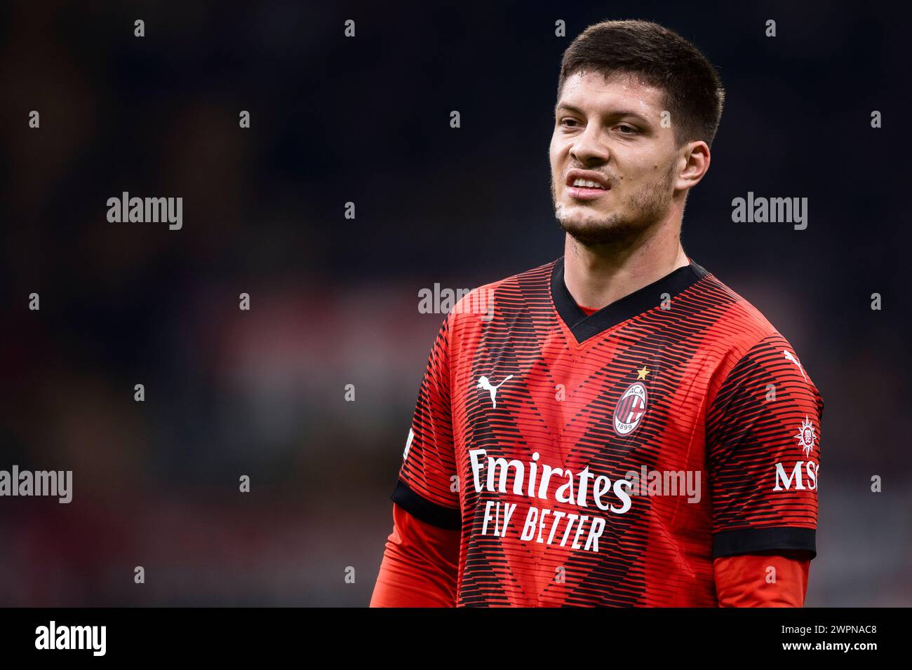 Milan, Italie. 7 mars 2024. Christian Pulisic de l'AC Milan regarde lors de la manche de l'UEFA Europa League du 16e match de football entre l'AC Milan et le SK Slavia Praha. Crédit : Nicolò Campo/Alamy Live News Banque D'Images