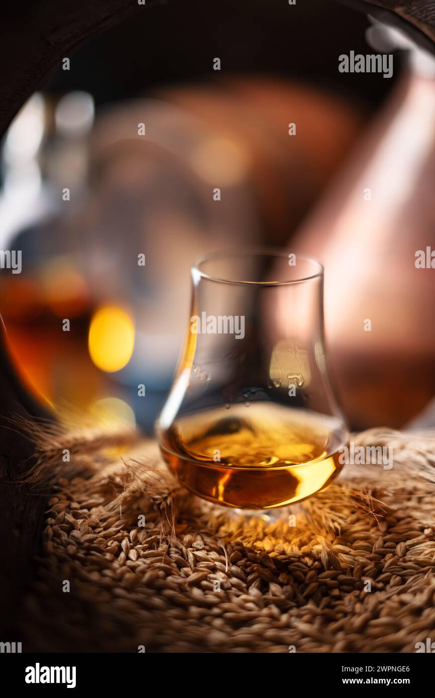 Un verre de whisky dans un vieux fût de chêne. Cuivre alambique (distillateur) sur fond. Concept traditionnel de distillerie d'alcool Banque D'Images